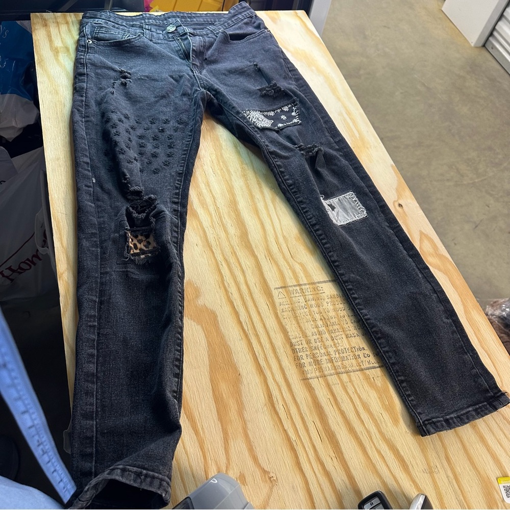 Rue21 Premium Skinny Jeans 28x30 Black Distressed Patchwork Stretch